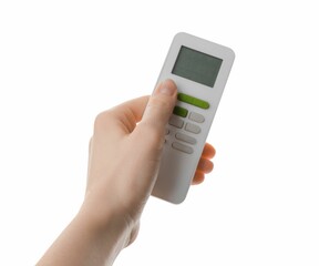 Woman with air conditioner remote control on white background, closeup