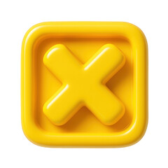 Obraz premium Bright yellow 3D cross icon with rounded edges, presented within a soft square frame.