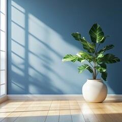 Empty room with plant and light streaming through a window.