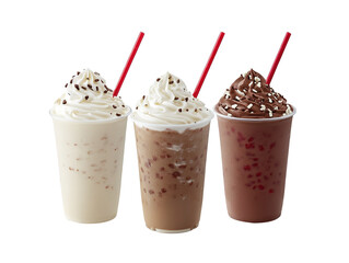 Three milkshakes collection, vanilla, strawberry, chocolate, with a straw on top, isolated on white background.