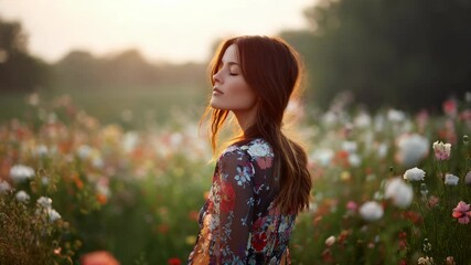 Young woman meditates in a sunlit flower field with floral dress during golden hour, peaceful and calm nature scene