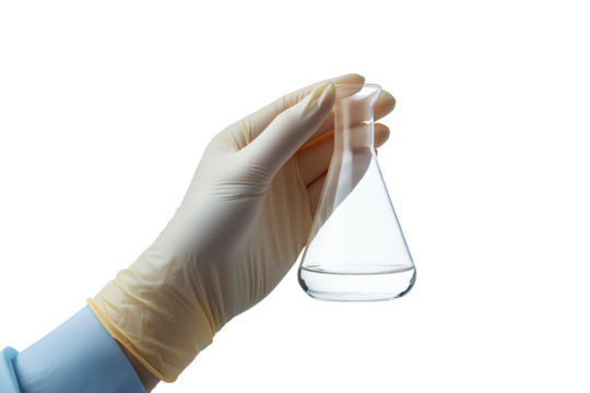 Close up Hand of Scientist Holding Glass Flask with Transparent Liquid in Gloved Hand