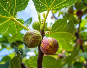fig fruit garden, close up, bottom view