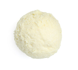 One scoop of delicious ice cream on white background, top view