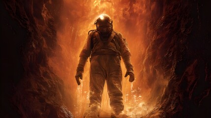 Obraz premium Movie poster deep earth miner rising from soot cove with glowing pickaxe signaling hope resilience