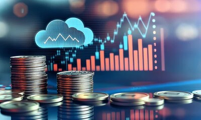 A stack of coins with a holographic cloud symbol and stock chart on top, representing the concept of cloud-based financial services for content creation in virtual mixed reality.  - Powered by Adobe