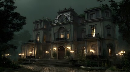 Obraz premium Enter Enigmatic Mansion of Shadows Where Dimly Lit Corridors Conceal Secrets in Gothic Architectural Splendor