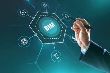 Building information modeling. Man using virtual screen with abbreviation BIM and different icons, closeup
