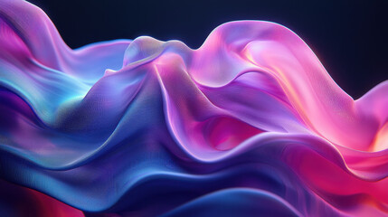Fototapeta premium Creative 3D background with realistic fabric flowing and folding in a smooth side angle view, rendered in 4K with vibrant pink, purple, and blue colors.