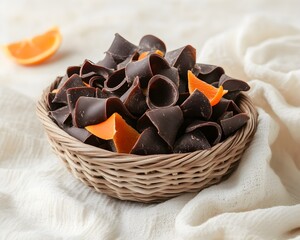 Delight Guests with Orange Scented Chocolate Peels Arranged in an Elegant Woven Gift Basket Presentation