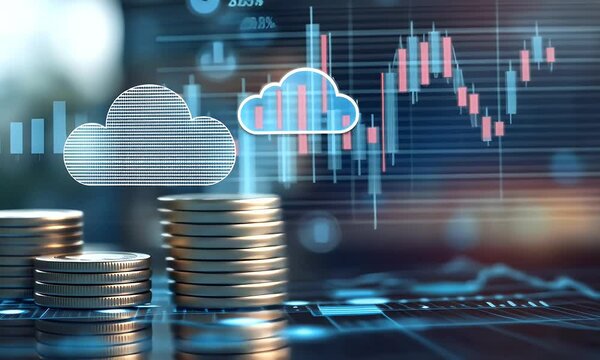 A stack of coins with an icon of a cloud and data, representing the financial success that comes from using AI for cloud-based English language learning activities, 