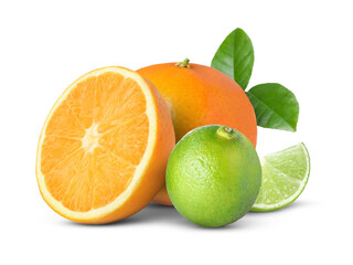 Fresh citrus fruits and green leaves on white background