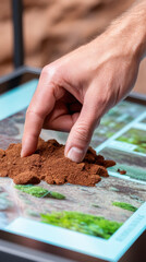 Soil improvement tips are demonstrated by hand touching rich brown soil digital screen showing gardening ideas and techniques