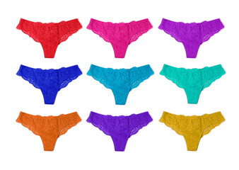 Beautiful women's panties in different colors on white background, set