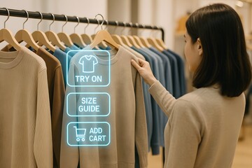 A female shopper interacts with virtual apparel options over hanging garments in a boutique. Concept of digital fitting room and seamless e-commerce.