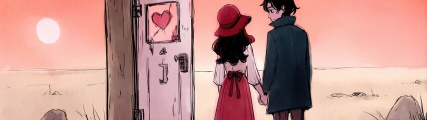 Naklejka premium Romantic Scene with Vintage Comic Flair Featuring a Couple Standing Before a Door at Sunset in a Dramatic Style