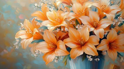 Orange lilies in vase, painted still life, textured background
