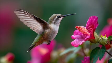 Fototapeta premium Tiny hummingbird hovers beside bright pink flower sipping nectar under golden sunlight painting serene scene