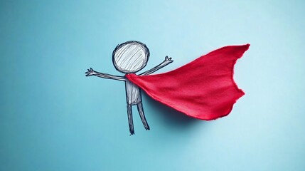 Dynamic Hand-drawn Stick Figure Flying with Red Cape Illustration