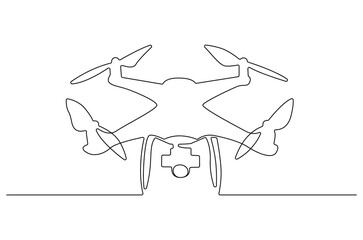 Continuous one line drawing of Flying drone airplane. Single line drawing illustration of Quadcopter camera drone. Gadget for videography concept vector art. Doodle line illustration.