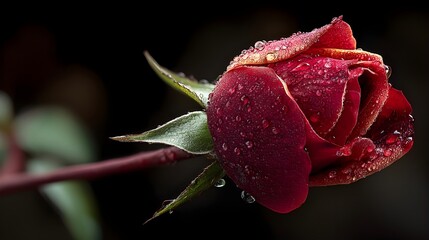 Admire The Elegance Of A Single Red Rose With Dew Drops Highlighting Its Velvet Petals