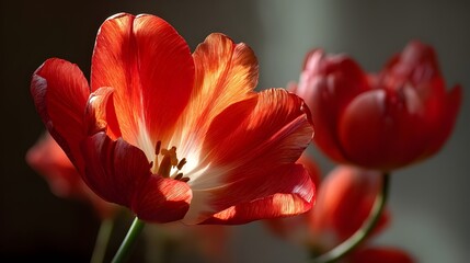 Admire the Radiant Beauty of a Close-Up Vibrant Red Tulip Illuminated by Warm Morning Sunlight