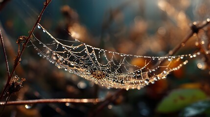 Dewy Spiderweb Glistening In Morning Light As A Delicate Mist Drifts Through Garden Macro Beauty