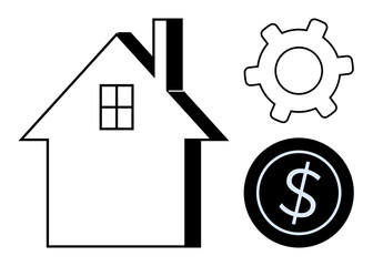 House silhouette alongside a cogwheel and dollar sign symbolizing property management, real estate, financial planning, homeownership, housing costs, investment, and operational efficiency. Flat