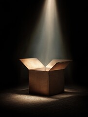 Cardboard Box Opens to Reveal Mysterious Glowing Light Shining in a Dark Room at Night Generative AI