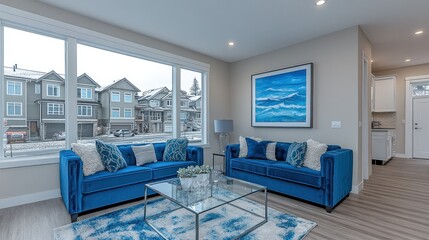 Modern living room, blue sofas, neighborhood view