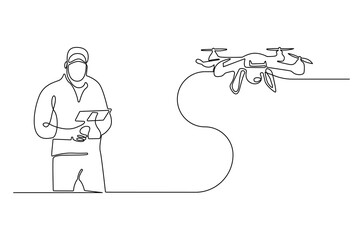 Continuous one line drawing of Controls drone with a remote control. Single line drawing illustration of Flying drone. Technology concept vector art. Doodle line illustration.
