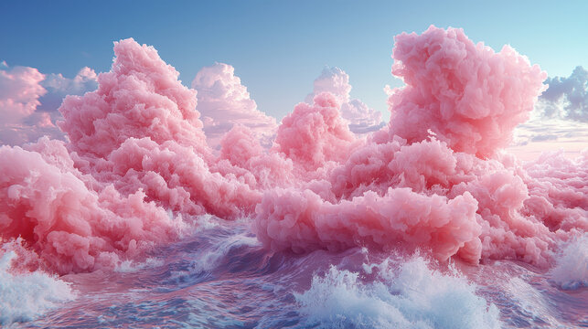 A breathtaking 4K artistic depiction of vibrant pink clouds resembling waves, created with flair and realism in a stunning 3D background side angle view.