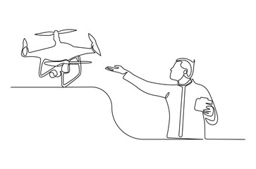 Continuous one line drawing of Controls drone with a remote control. Single line drawing illustration of Flying drone. Technology concept vector art. Doodle line illustration.