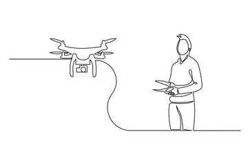 Continuous one line drawing of Controls drone with a remote control. Single line drawing illustration of Flying drone. Technology concept vector art. Doodle line illustration.