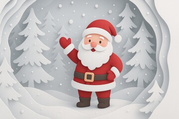 Fototapeta premium Santa claus waving in a snowy forest, surrounded by fir trees and snowflakes, creating a festive christmas scene with a paper cut-out style