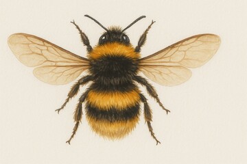 Detailed watercolor painting of a bumblebee flying, showcasing intricate wings and fuzzy body hair, capturing the essence of nature's beauty and delicate details