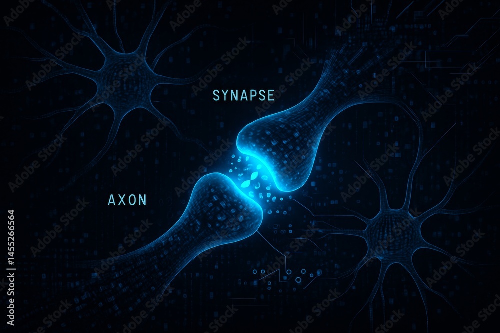 Poster glowing blue axon sending neurotransmitters through synapse to neuron, simulating data transmission 