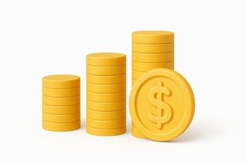 Stacks of golden coins with dollar symbol show increasing growth, representing investment, finance, savings, and economic success on a clean white background