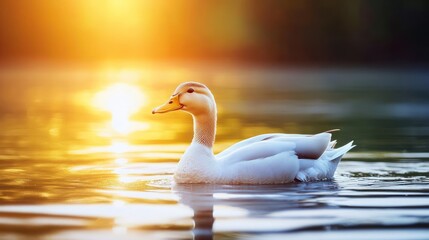 Golden sunset, duck on water