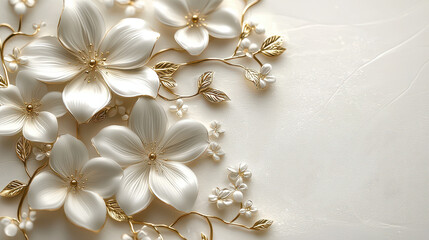 Realistic 4K 3D floral background showcasing creativity with white and gold petals, creating an abstract kenmima design with depth and artistic elegance.