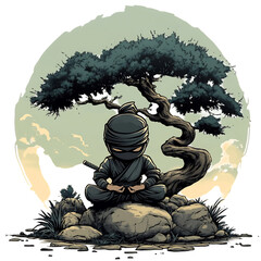 A Cartoon Ninja Meditating Under a Tree Isolated on Transparent Background