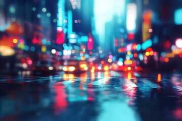 Blurred cityscape at night with vibrant lights reflecting on wet streets and moving cars