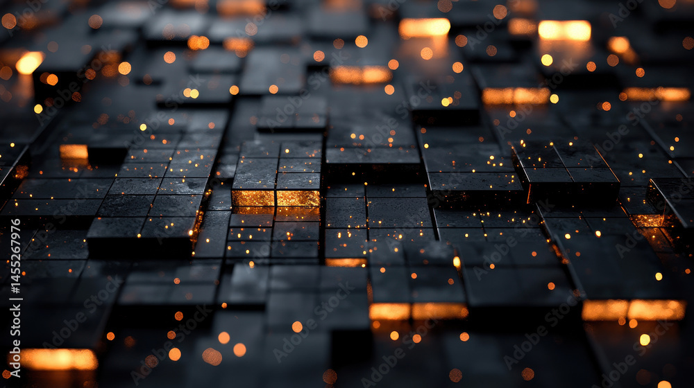 Poster a realistic 4k abstract background shows kenmima-inspired 3d blocks with glowing lights creating a s
