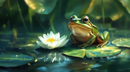 Frog on lily pad, serene pond scene