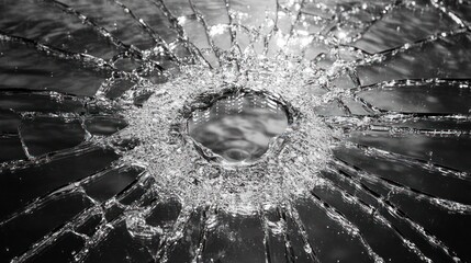 Broken glass, circular hole, shattered fragments