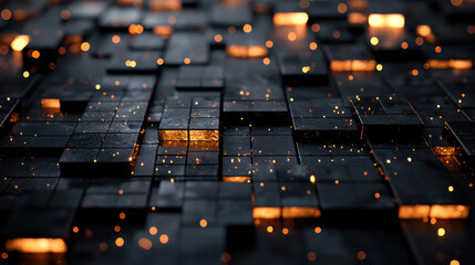 Fototapeta premium A realistic 4K abstract background shows kenmima-inspired 3D blocks with glowing lights creating a sophisticated side view in a dynamic and artistic design.