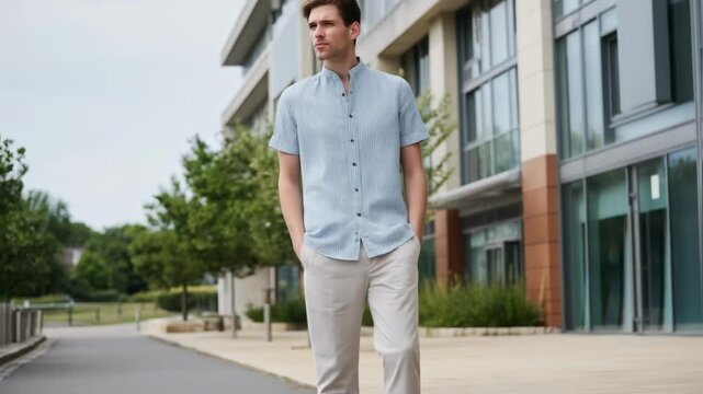 A smart casual outfit featuring a shortsleeved buttonup shirt lightweight chinos and loafers ideal for a relaxed office environment.