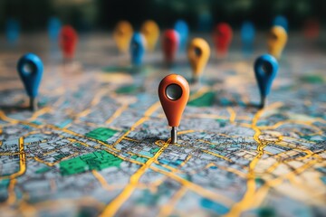 Colorful map pins highlight locations on city map
