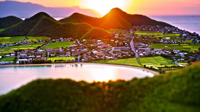 Dreamy aerial view of miniature coastal town in Kedah, Malaysia with paddy fields, lush hills and golden sunset sky, blending realism and fantasy. Concept of idyllic travel and cinematic charm