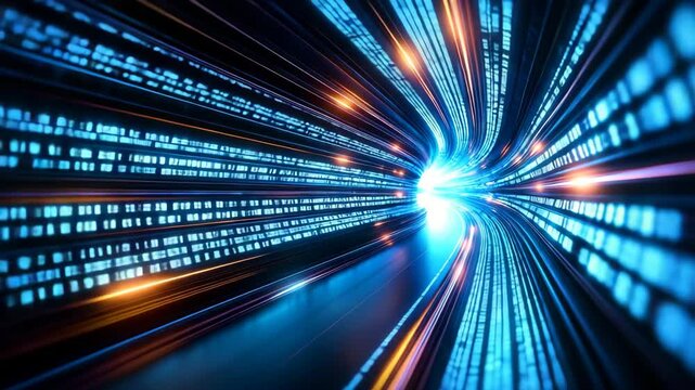 Futuristic Digital Tunnel with Vibrant Light and Binary Code